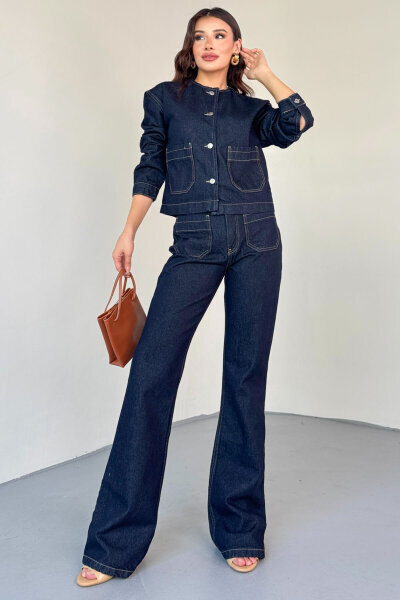 TKM-13330 Lacivert Yuvarlak Yaka Cepli Denim Ceket & Yüksek Bel Düz Paça Pantolon Takım - 8