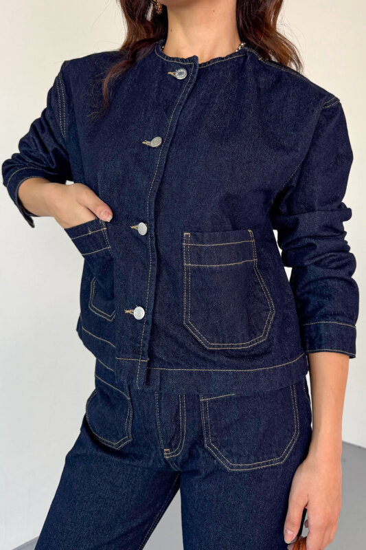 TKM-13330 Lacivert Yuvarlak Yaka Cepli Denim Ceket & Yüksek Bel Düz Paça Pantolon Takım - 3