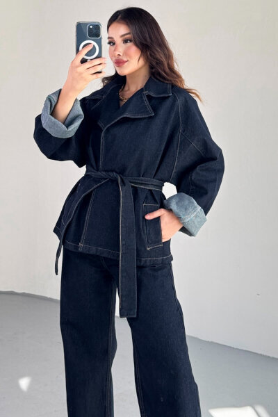 TKM-13331 Lacivert Kuşaklı Dikiş Detaylı Denim Ceket & Yüksek Bel Denim Pantolon Takım - 3