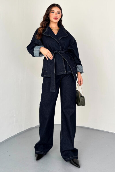 TKM-13331 Lacivert Kuşaklı Dikiş Detaylı Denim Ceket & Yüksek Bel Denim Pantolon Takım - 4