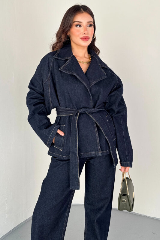 TKM-13331 Lacivert Kuşaklı Dikiş Detaylı Denim Ceket & Yüksek Bel Denim Pantolon Takım - 6