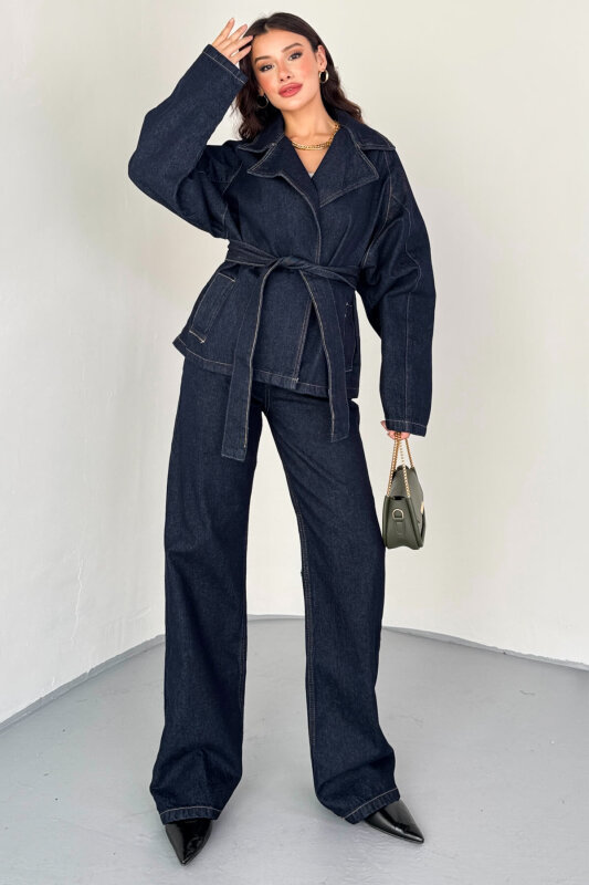 TKM-13331 Lacivert Kuşaklı Dikiş Detaylı Denim Ceket & Yüksek Bel Denim Pantolon Takım - 7