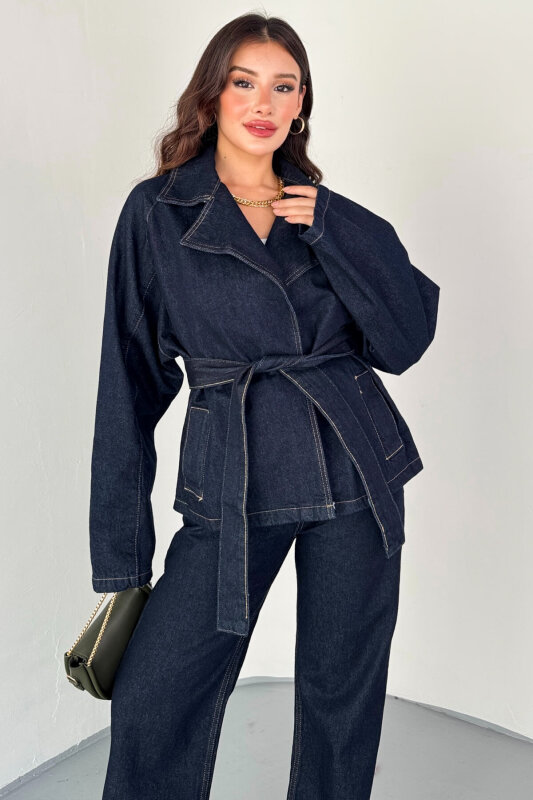 TKM-13331 Lacivert Kuşaklı Dikiş Detaylı Denim Ceket & Yüksek Bel Denim Pantolon Takım - 2