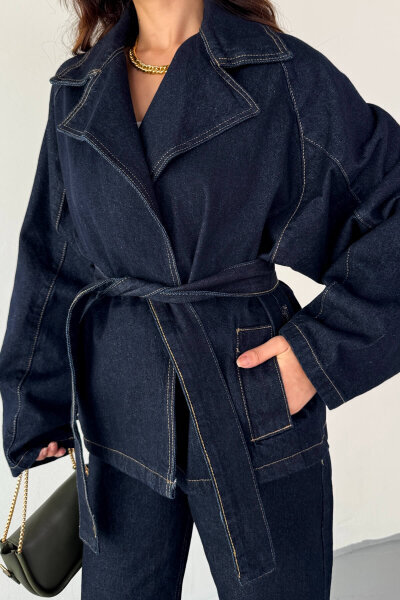 TKM-13331 Lacivert Kuşaklı Dikiş Detaylı Denim Ceket & Yüksek Bel Denim Pantolon Takım - 8