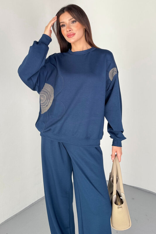 TKM-13334 Lacivert Çiçek Nakışlı Modal Kumaş İkili Takım - 2
