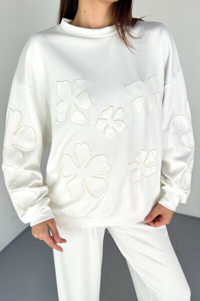 TKM-13335 Beyaz Flower Patch Modal Kumaş İkili Takım - 4