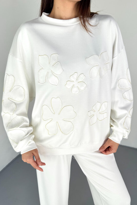 TKM-13335 Beyaz Flower Patch Modal Kumaş İkili Takım - 4