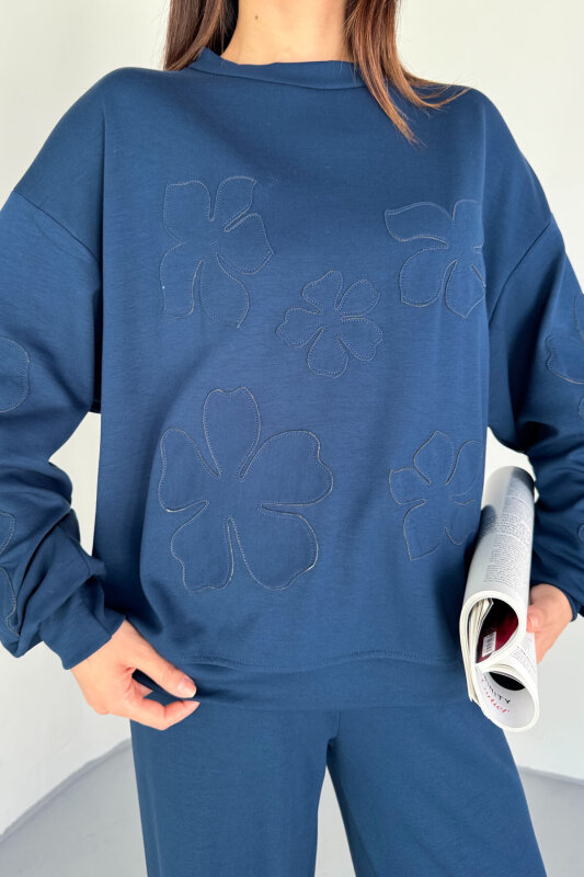 TKM-13335 Lacivert Flower Patch Modal Kumaş İkili Takım - 7