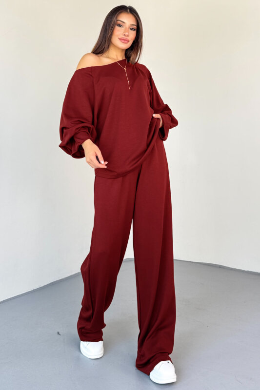 TKM-13336 Bordo Kayık Yaka Modal Kumaş Salaş İkili Takım - 1