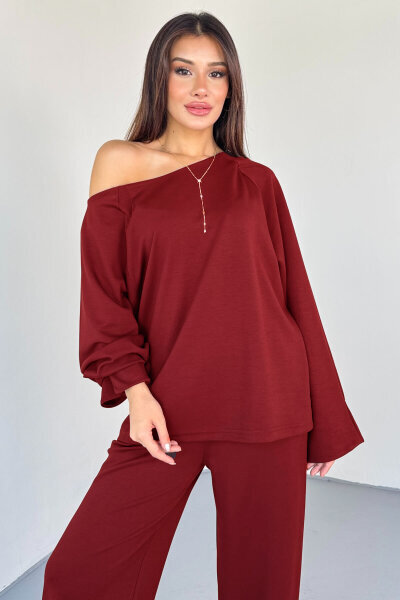 TKM-13336 Bordo Kayık Yaka Modal Kumaş Salaş İkili Takım - 2