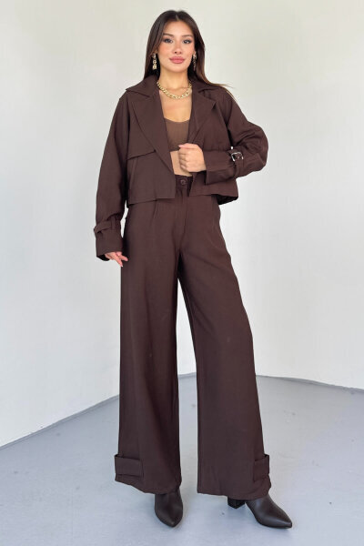 TKM-13337 Kahverengi Yumuşak Dokulu Gabardin Kuşaklı Crop Trençkot & Pantolon İkili Takım - 5