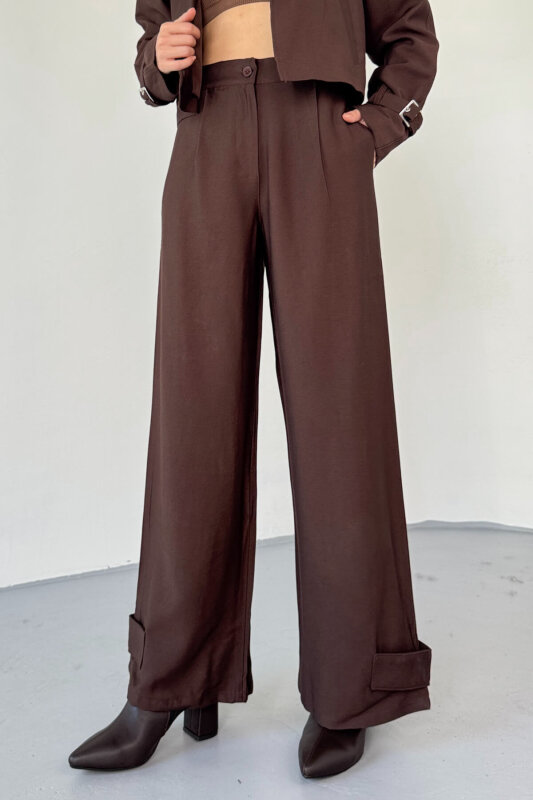 TKM-13337 Kahverengi Yumuşak Dokulu Gabardin Kuşaklı Crop Trençkot & Pantolon İkili Takım - 3