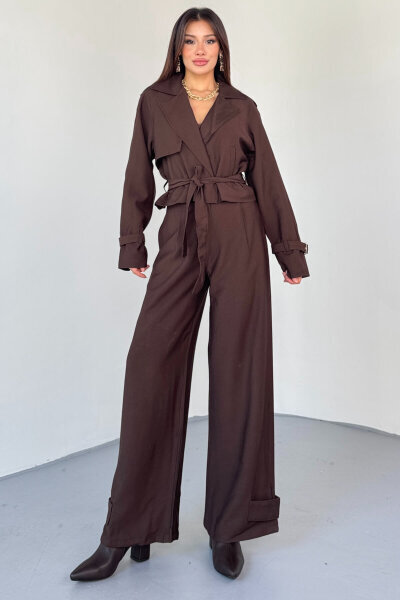 TKM-13337 Kahverengi Yumuşak Dokulu Gabardin Kuşaklı Crop Trençkot & Pantolon İkili Takım - 6