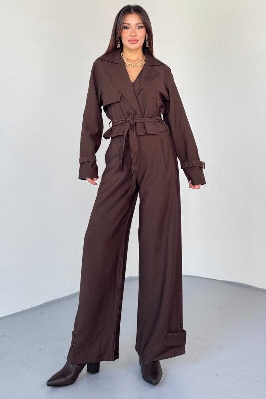 TKM-13337 Kahverengi Yumuşak Dokulu Gabardin Kuşaklı Crop Trençkot & Pantolon İkili Takım - 6