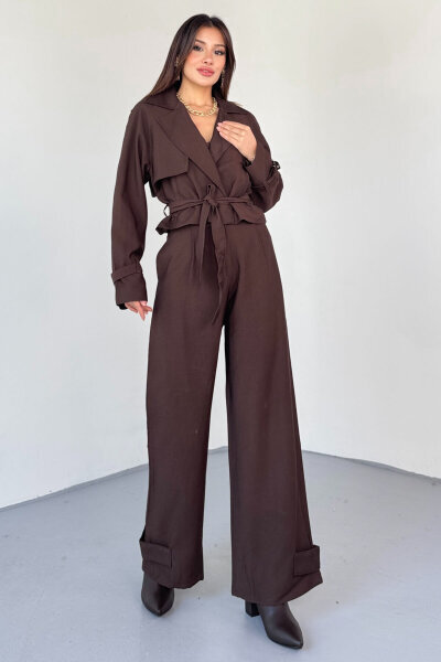 TKM-13337 Kahverengi Yumuşak Dokulu Gabardin Kuşaklı Crop Trençkot & Pantolon İkili Takım - 1