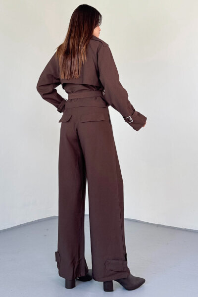 TKM-13337 Kahverengi Yumuşak Dokulu Gabardin Kuşaklı Crop Trençkot & Pantolon İkili Takım - 8