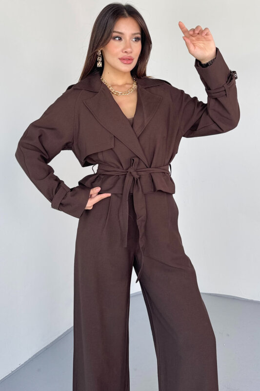 TKM-13337 Kahverengi Yumuşak Dokulu Gabardin Kuşaklı Crop Trençkot & Pantolon İkili Takım - 9