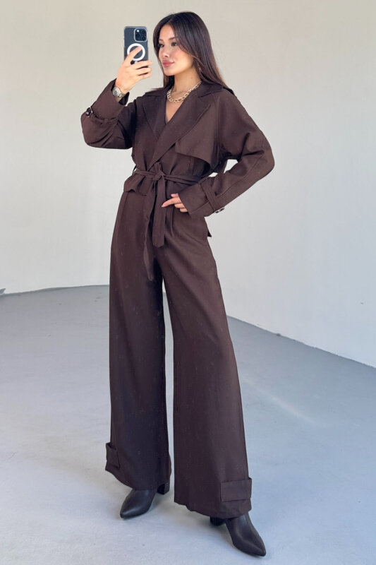 TKM-13337 Kahverengi Yumuşak Dokulu Gabardin Kuşaklı Crop Trençkot & Pantolon İkili Takım - 10