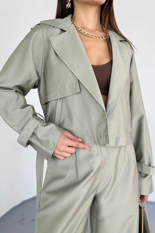 TKM-13337 Mint Yeşili Yumuşak Dokulu Gabardin Kuşaklı Crop Trençkot & Pantolon İkili Takım - 2