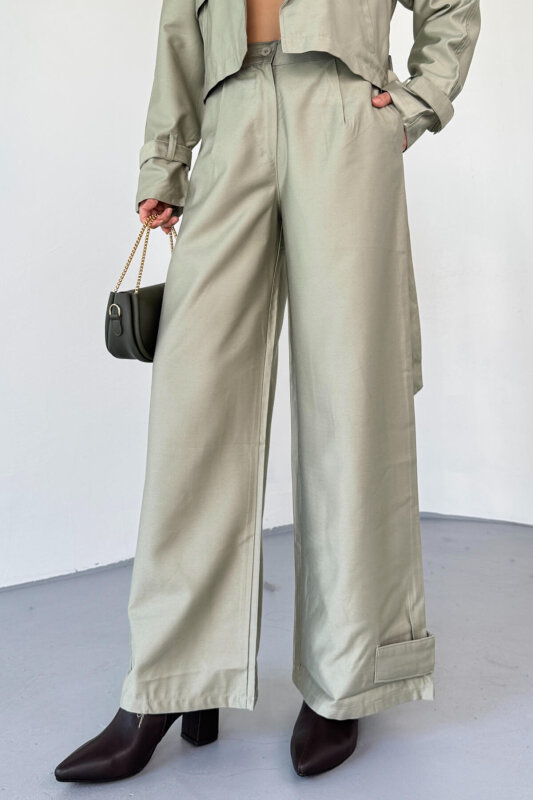 TKM-13337 Mint Yeşili Yumuşak Dokulu Gabardin Kuşaklı Crop Trençkot & Pantolon İkili Takım - 3