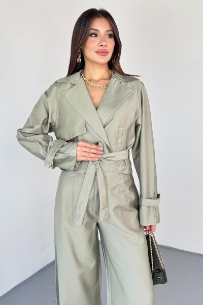 TKM-13337 Mint Yeşili Yumuşak Dokulu Gabardin Kuşaklı Crop Trençkot & Pantolon İkili Takım - 4