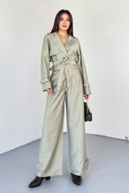 TKM-13337 Mint Yeşili Yumuşak Dokulu Gabardin Kuşaklı Crop Trençkot & Pantolon İkili Takım - 1