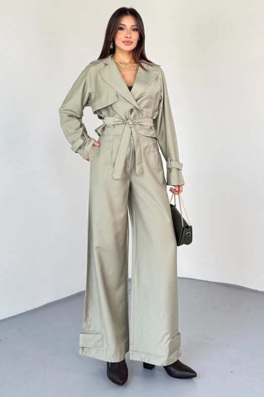 TKM-13337 Mint Yeşili Yumuşak Dokulu Gabardin Kuşaklı Crop Trençkot & Pantolon İkili Takım - 6