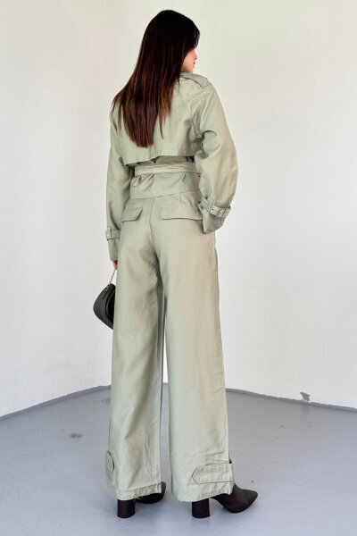 TKM-13337 Mint Yeşili Yumuşak Dokulu Gabardin Kuşaklı Crop Trençkot & Pantolon İkili Takım - 7