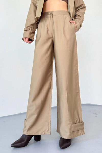 TKM-13337 Vizon Yumuşak Dokulu Gabardin Kuşaklı Crop Trençkot & Pantolon İkili Takım - 2