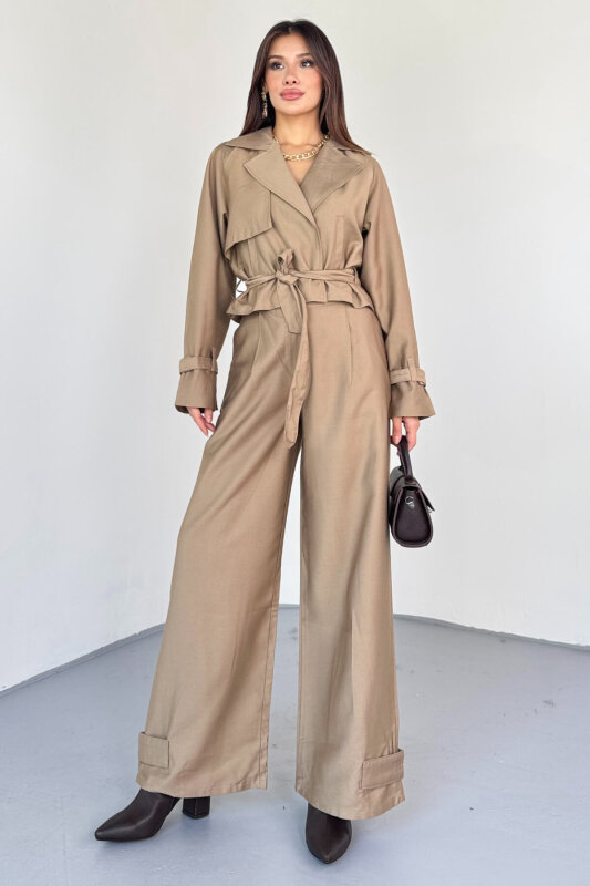 TKM-13337 Vizon Yumuşak Dokulu Gabardin Kuşaklı Crop Trençkot & Pantolon İkili Takım - 5