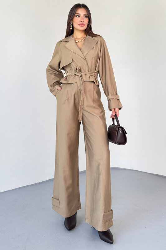 TKM-13337 Vizon Yumuşak Dokulu Gabardin Kuşaklı Crop Trençkot & Pantolon İkili Takım - 6