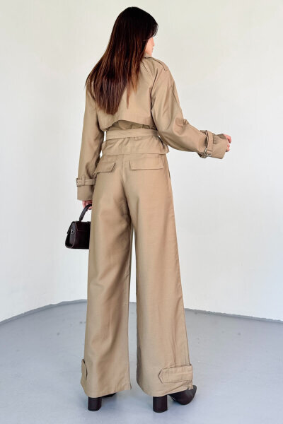 TKM-13337 Vizon Yumuşak Dokulu Gabardin Kuşaklı Crop Trençkot & Pantolon İkili Takım - 7