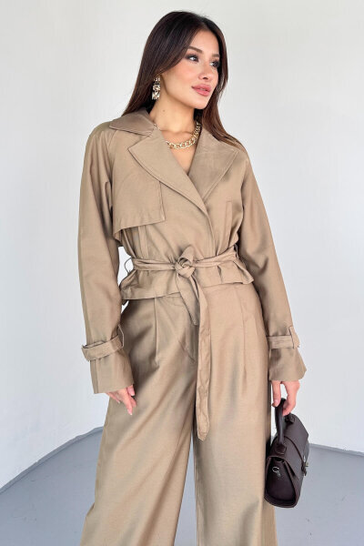 TKM-13337 Vizon Yumuşak Dokulu Gabardin Kuşaklı Crop Trençkot & Pantolon İkili Takım - 8