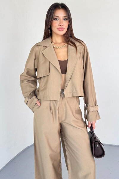 TKM-13337 Vizon Yumuşak Dokulu Gabardin Kuşaklı Crop Trençkot & Pantolon İkili Takım - 3