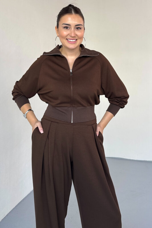 TKM-13338 Kahverengi Modal Kumaş Fermuarlı Crop Eşofman Takım - 4