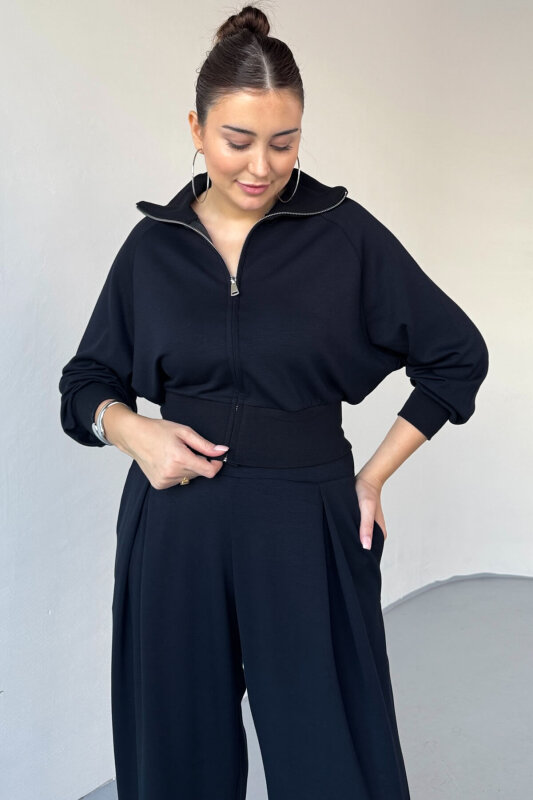 TKM-13338 Siyah Modal Kumaş Fermuarlı Crop Eşofman Takım - 3