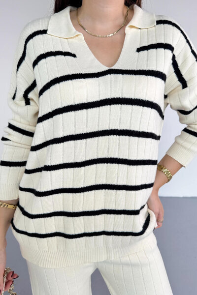 TKM-13340 Ekru Yatay Çizgili Polo Yaka Triko Takım - 4