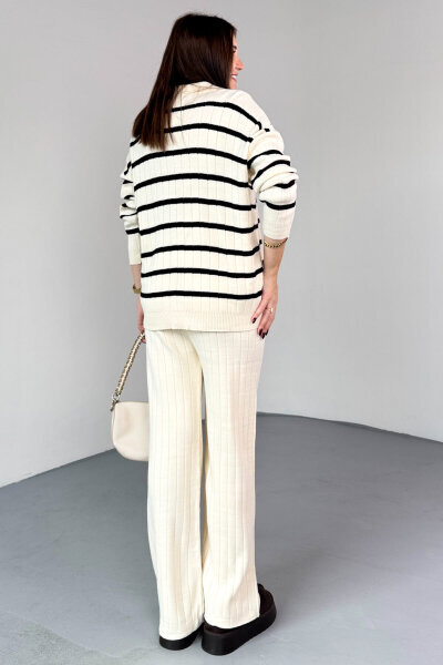 TKM-13340 Ekru Yatay Çizgili Polo Yaka Triko Takım - 5