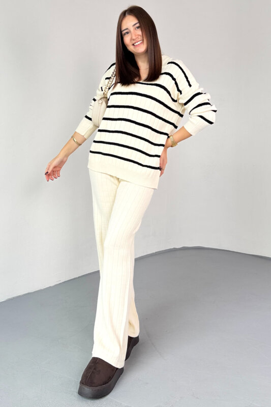 TKM-13340 Ekru Yatay Çizgili Polo Yaka Triko Takım - 1