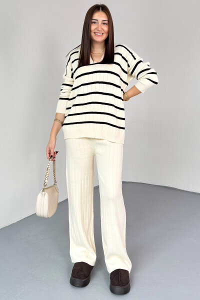 TKM-13340 Ekru Yatay Çizgili Polo Yaka Triko Takım - 3