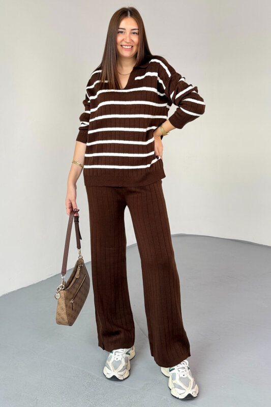 TKM-13340 Kahverengi Yatay Çizgili Polo Yaka Triko Takım - 1