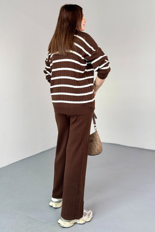 TKM-13340 Kahverengi Yatay Çizgili Polo Yaka Triko Takım - 3