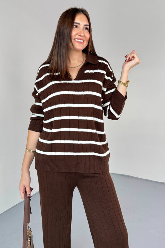 TKM-13340 Kahverengi Yatay Çizgili Polo Yaka Triko Takım - 4