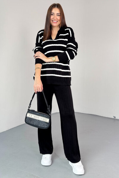 TKM-13340 Siyah Yatay Çizgili Polo Yaka Triko Takım 