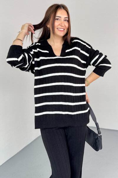 TKM-13340 Siyah Yatay Çizgili Polo Yaka Triko Takım - 4