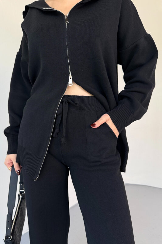 TKM-13346 Siyah Çelik Örme Oversize Kapüşonlu Gizli Fermuarlı Triko Takım - 3