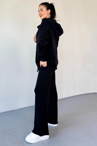 TKM-13346 Siyah Çelik Örme Oversize Kapüşonlu Gizli Fermuarlı Triko Takım - 4