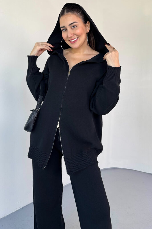 TKM-13346 Siyah Çelik Örme Oversize Kapüşonlu Gizli Fermuarlı Triko Takım - 5