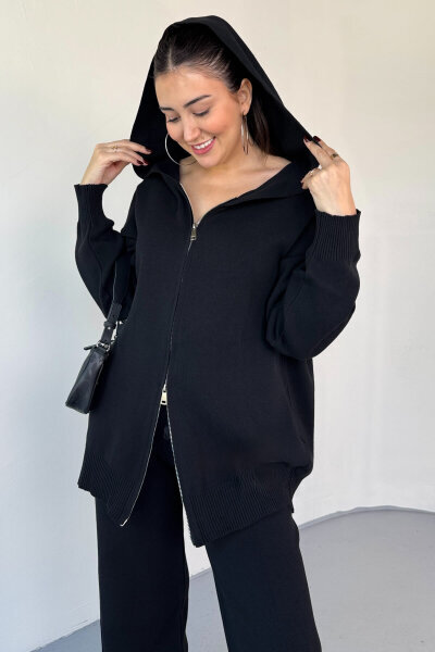 TKM-13346 Siyah Çelik Örme Oversize Kapüşonlu Gizli Fermuarlı Triko Takım - 2