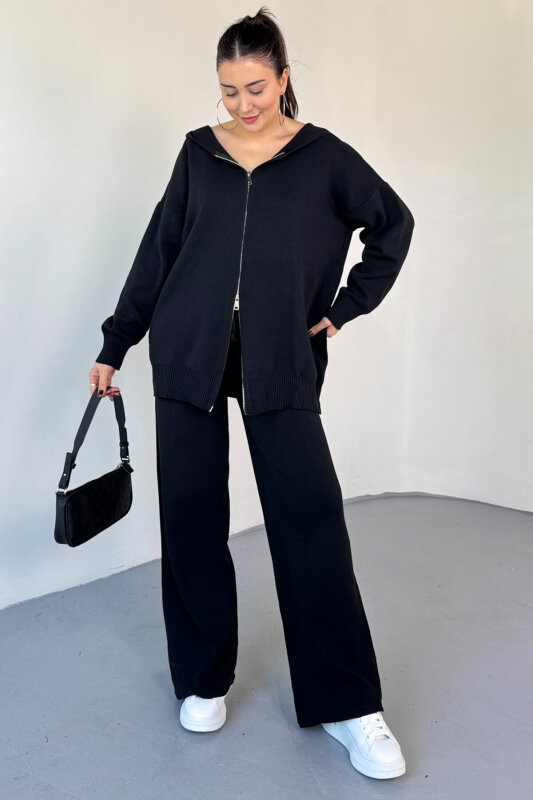 TKM-13346 Siyah Çelik Örme Oversize Kapüşonlu Gizli Fermuarlı Triko Takım - 6
